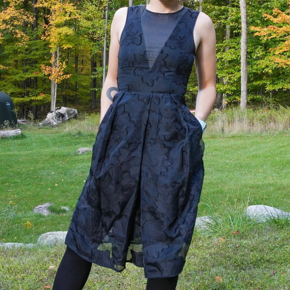 Black Tibi evening / party midi dress with floral embroidered pattern